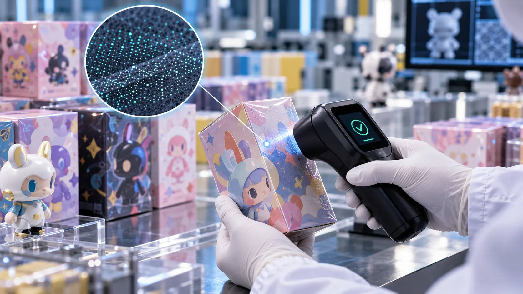 Illustration of a reader inspecting blind-box toy packaging and magnified printed markings
