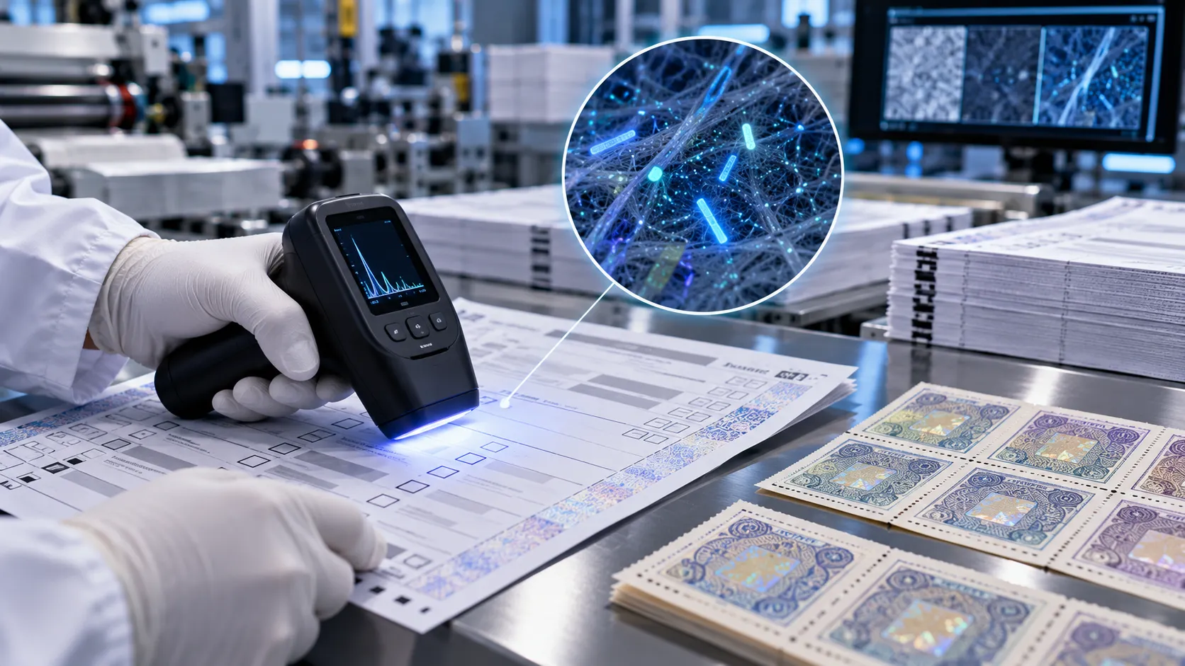 Illustration of a handheld reader examining ballot papers and magnified security features