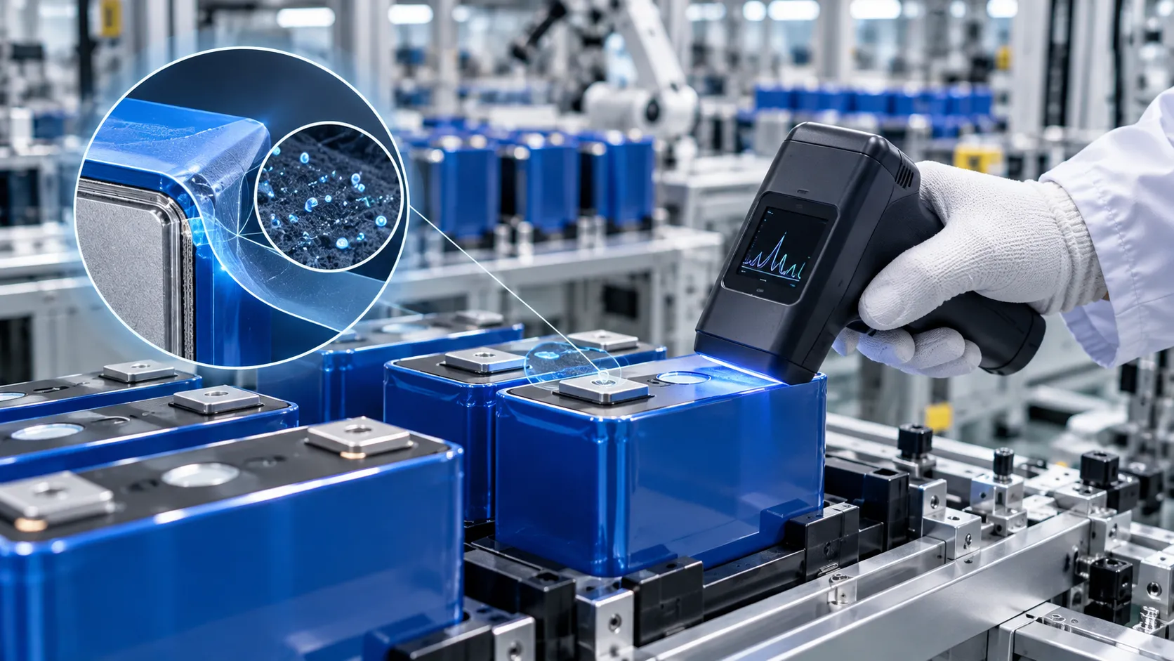 Illustration of a reader inspecting battery cells on a production line