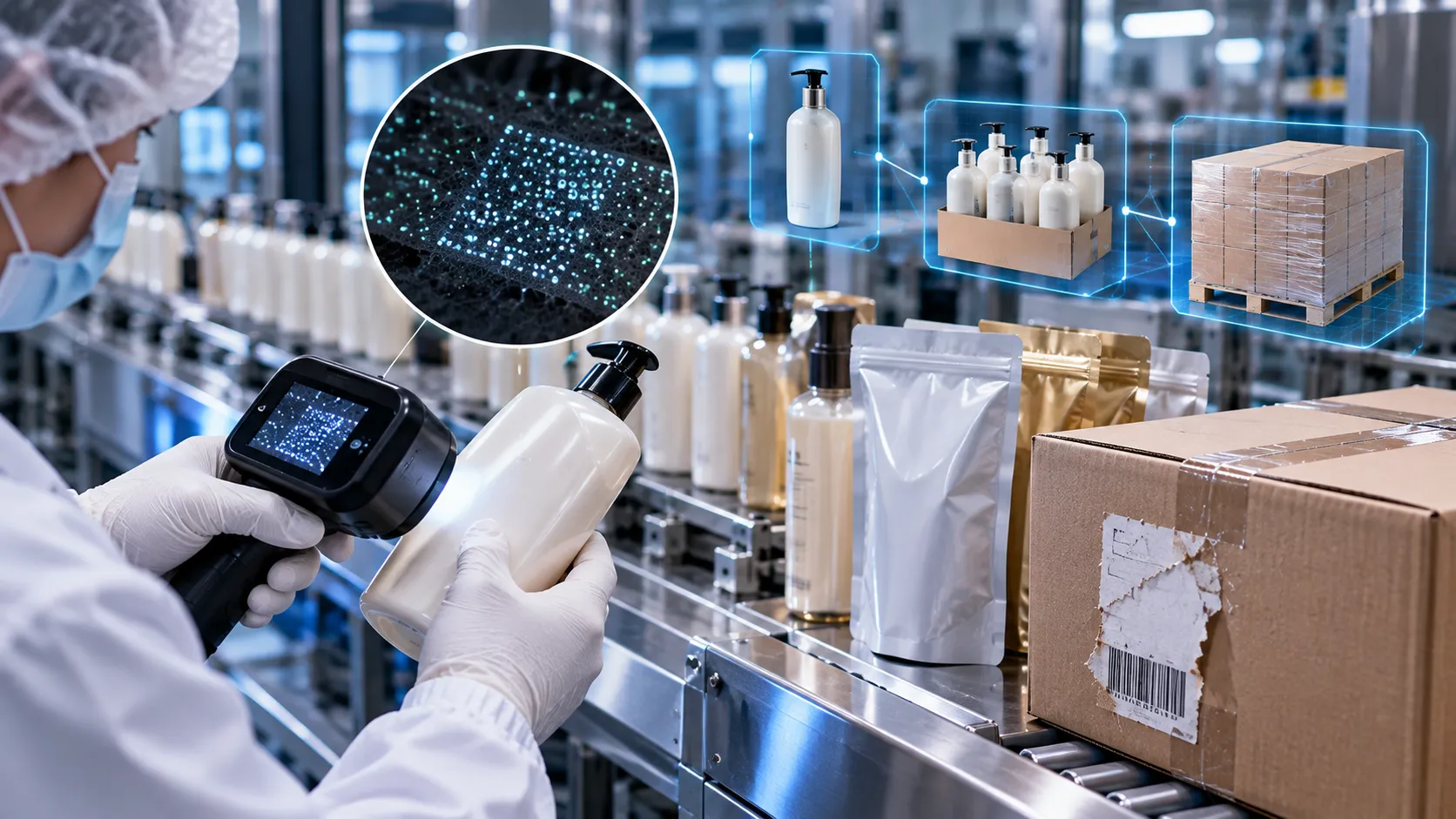 Illustration of a handheld reader inspecting packaged products on a conveyor