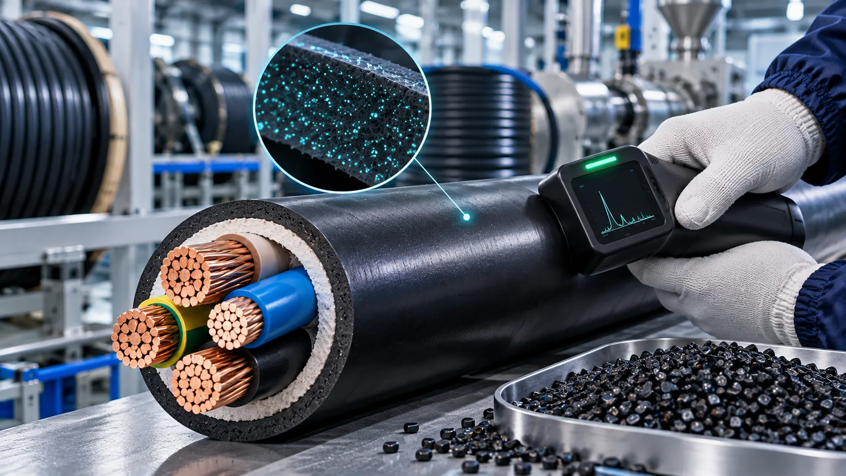 Illustration of a handheld reader inspecting industrial cable with magnified surface markings