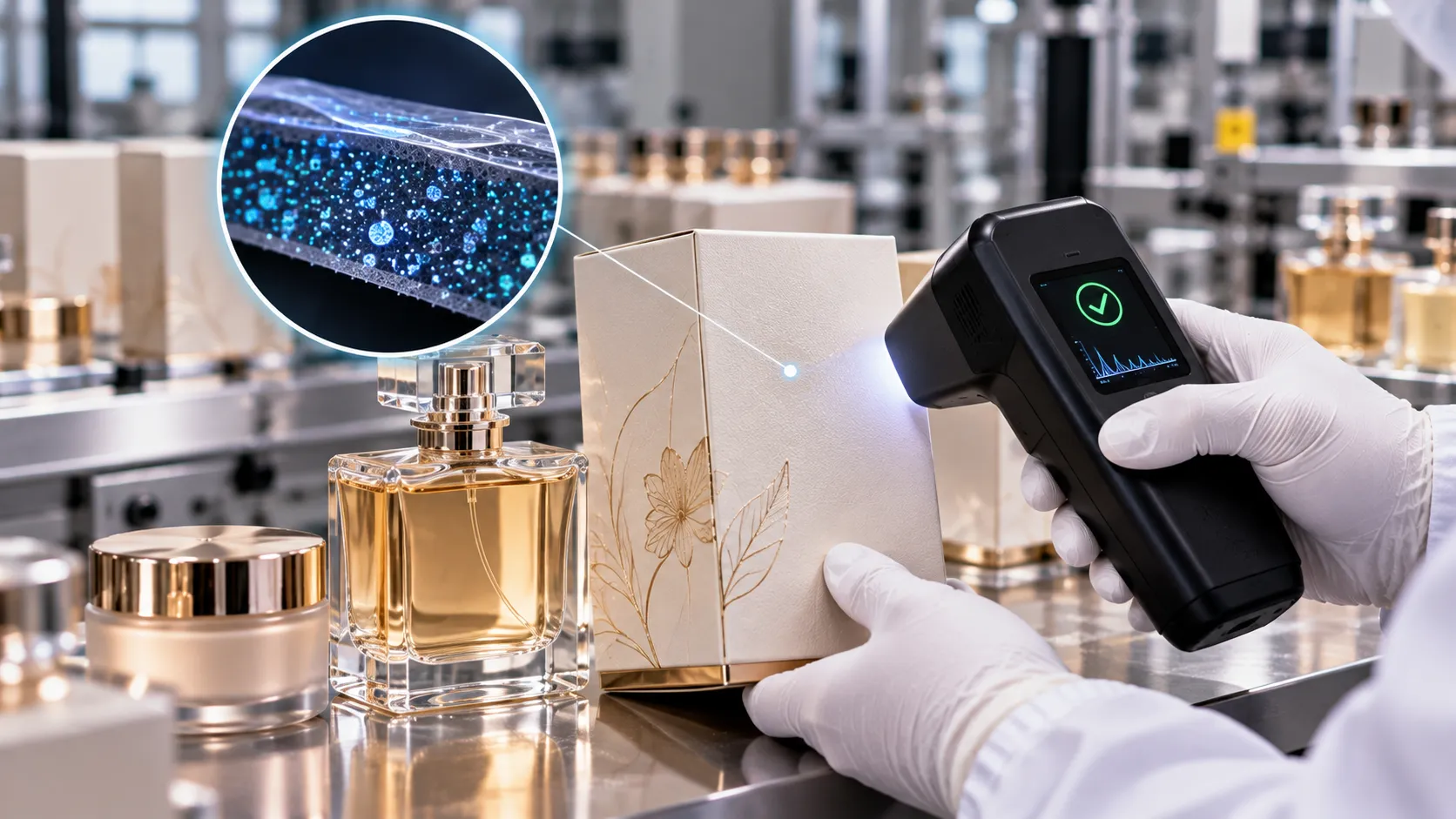 Illustration of a handheld reader inspecting cosmetics packaging with magnified security features
