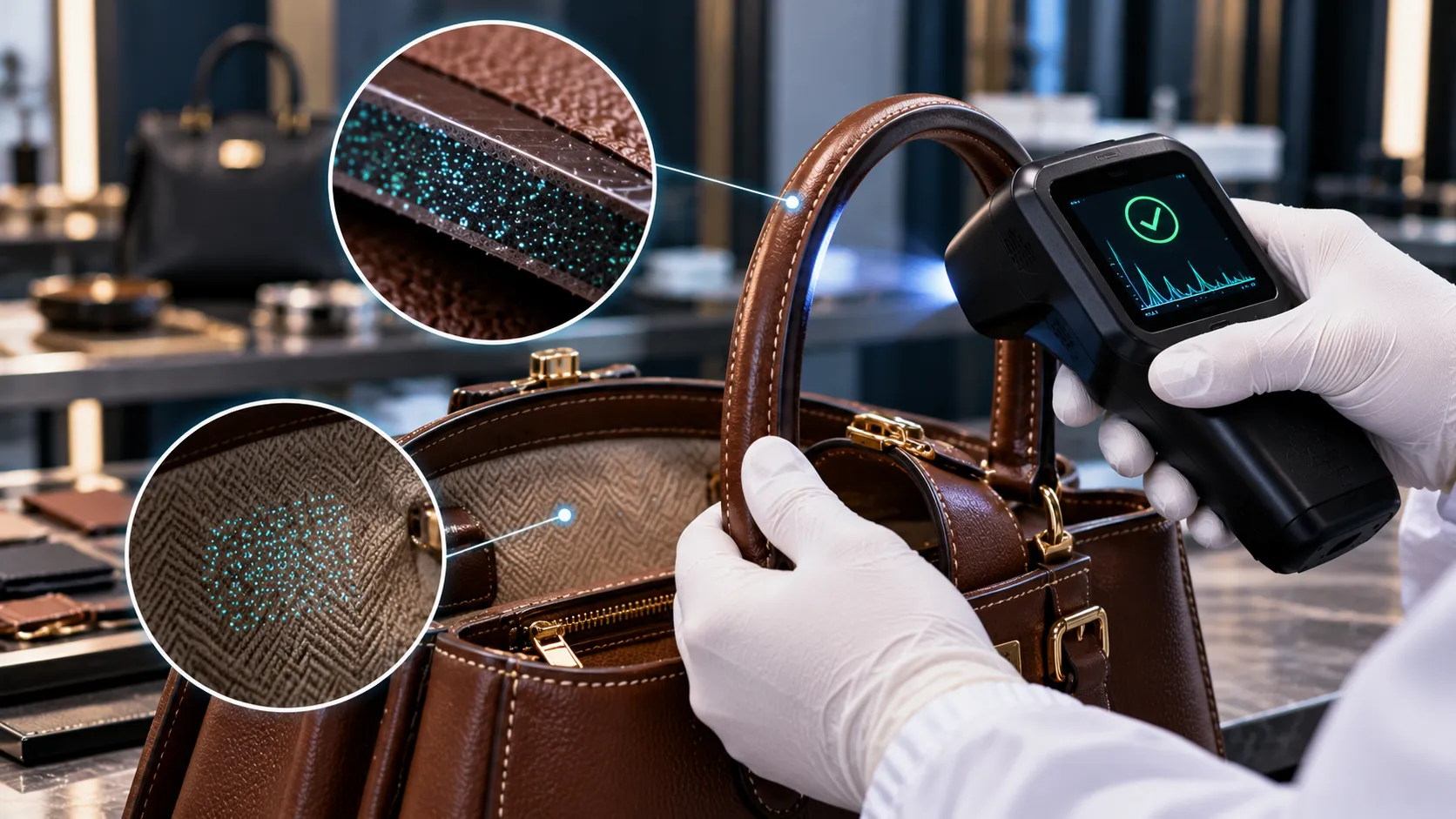 Illustration of a handheld reader inspecting a handbag and magnified leather markings