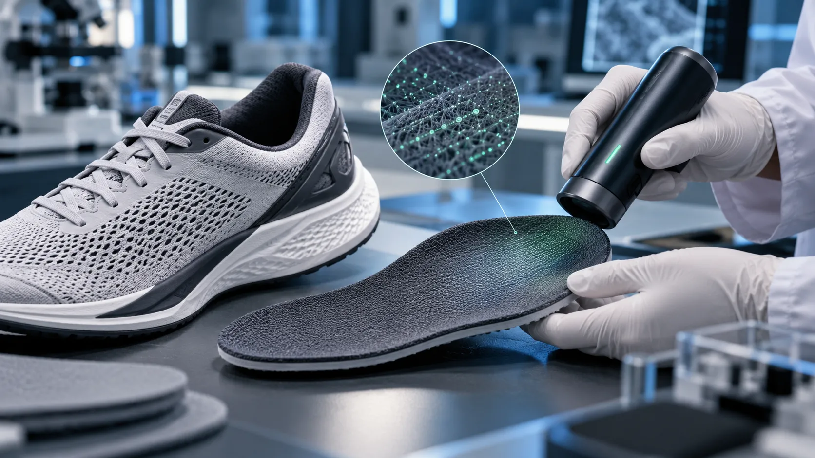 Illustration of a handheld reader inspecting a sneaker insole with magnified material features