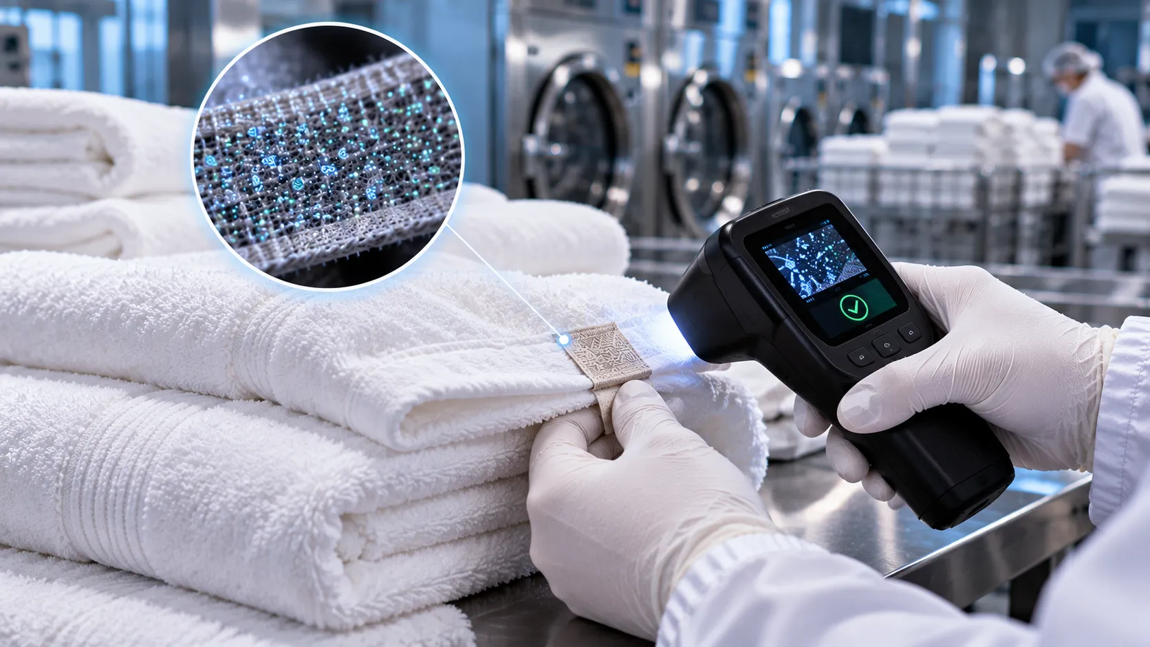 Illustration of a handheld reader inspecting folded textiles and magnified fabric markings
