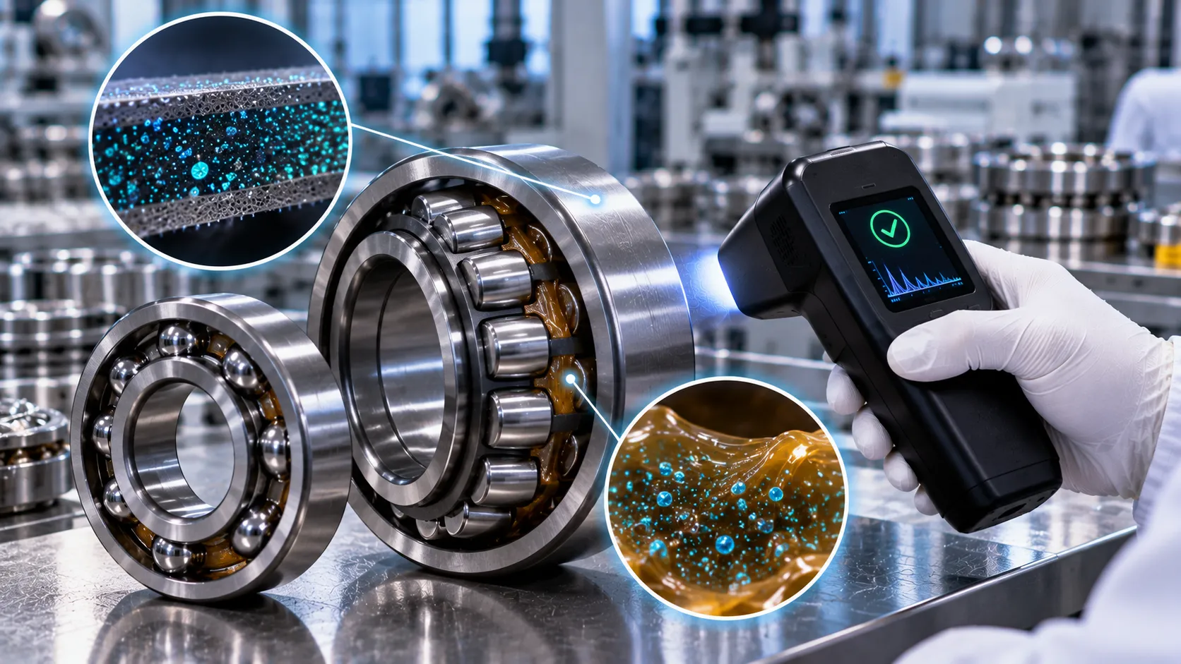 Illustration of a handheld reader inspecting bearings with magnified security particles