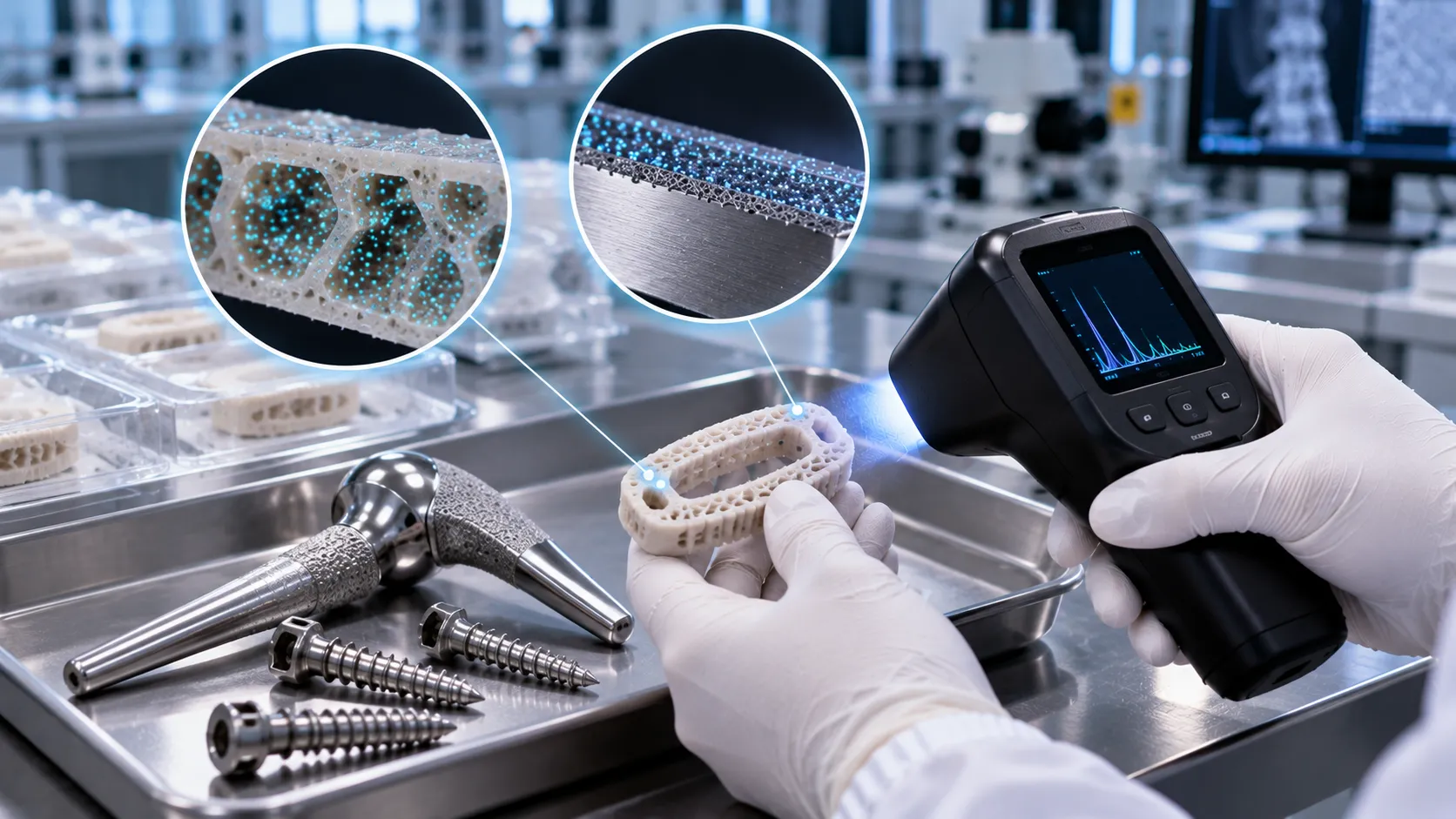 Illustration of a handheld reader inspecting an implant and magnified surface features