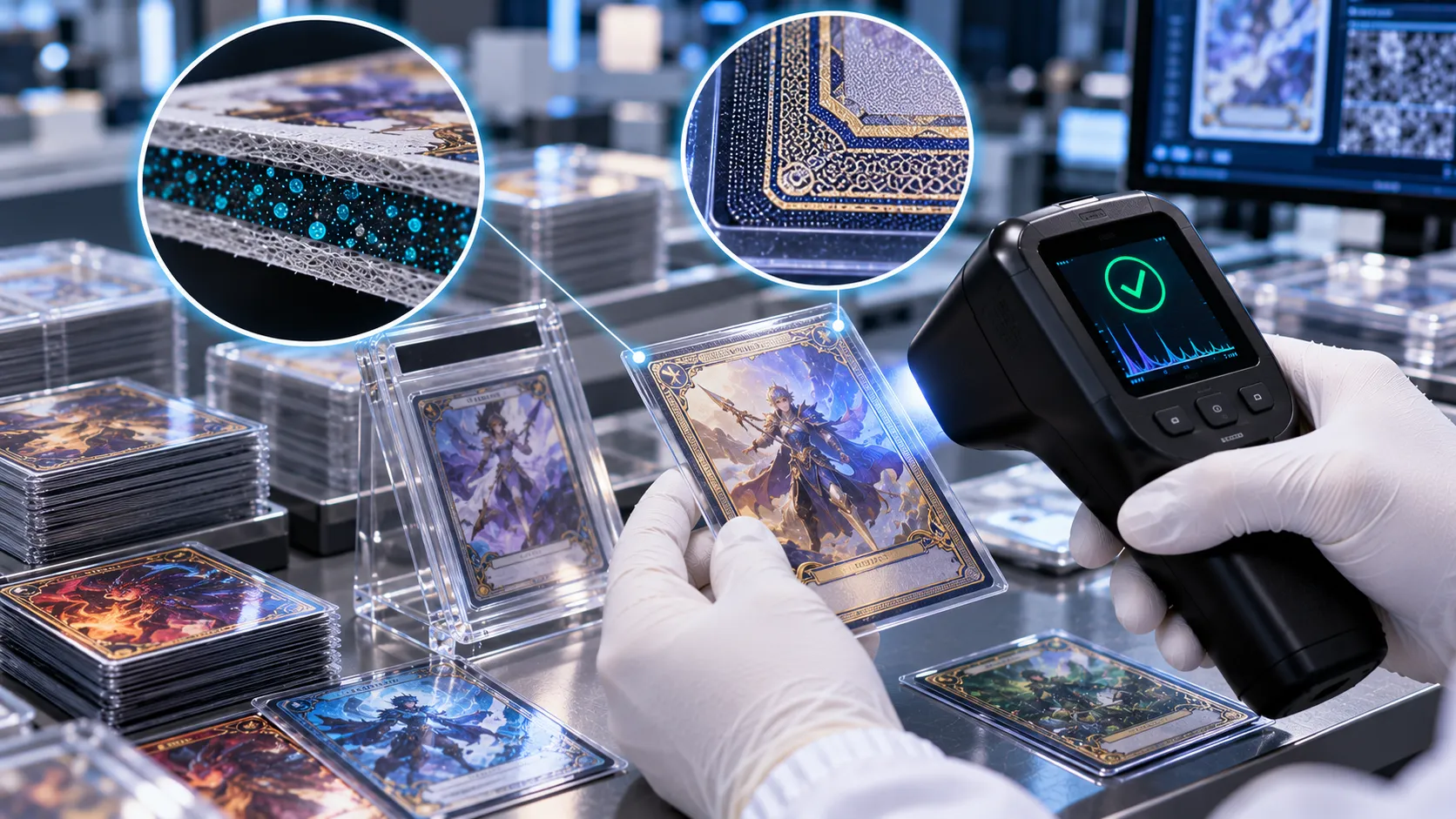 Illustration of a handheld reader examining a trading card and its printed security features