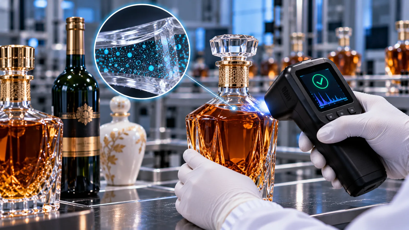 Illustration of a handheld reader examining spirits bottles with magnified security markings