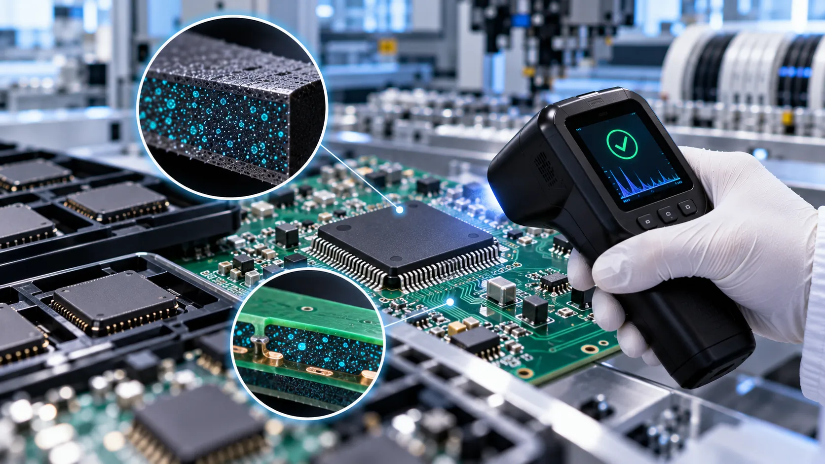 Illustration of a handheld reader inspecting a circuit board with magnified chip markings