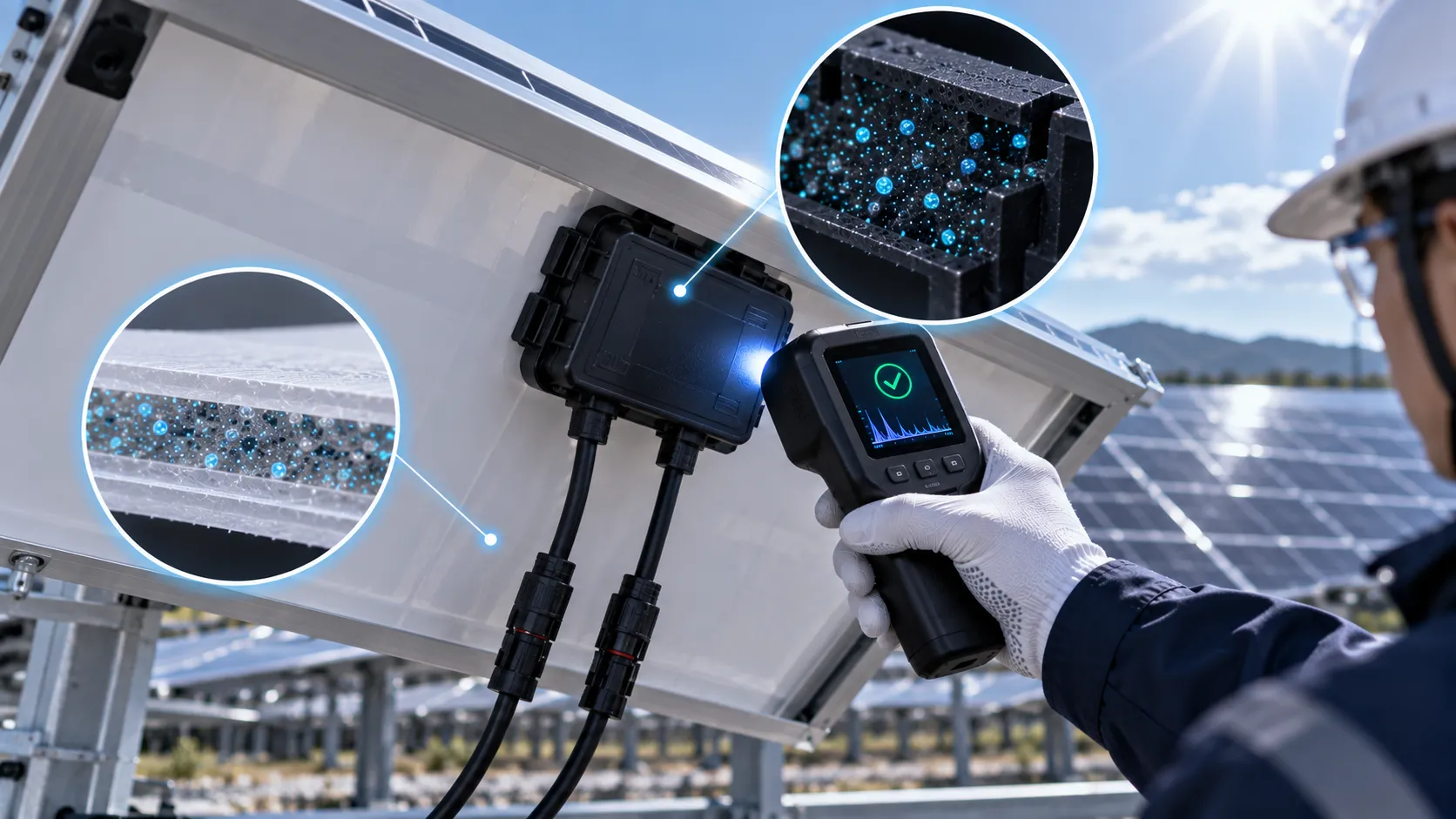 Illustration of a reader inspecting a solar panel junction box and magnified surface markings