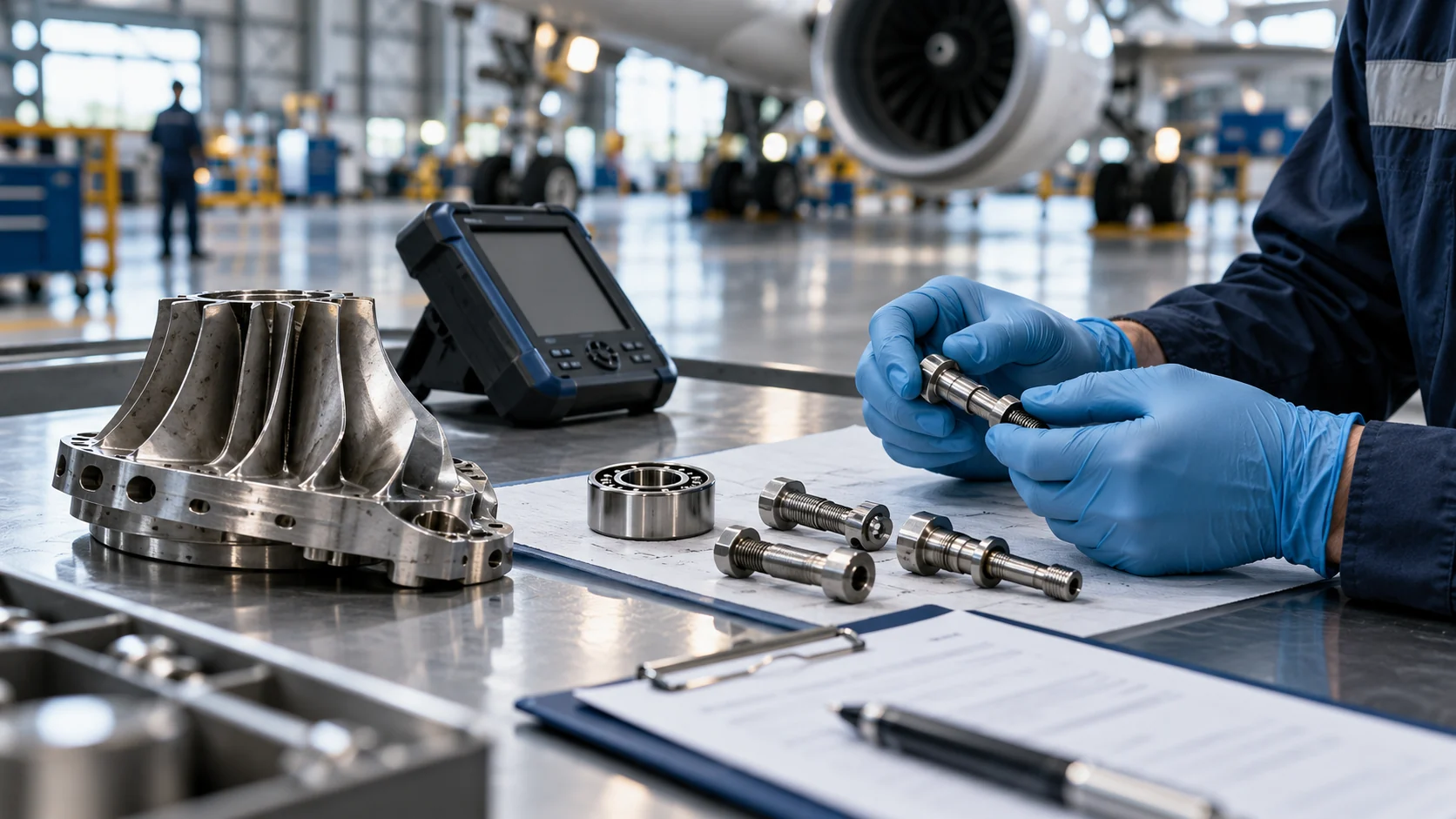 Conceptual illustration of aircraft components undergoing identity checks at an MRO inspection bench