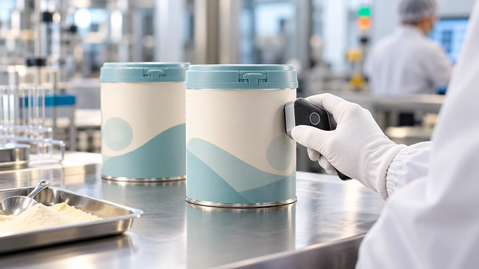 Conceptual illustration of sealed infant formula packaging inspected at a quality-control workstation
