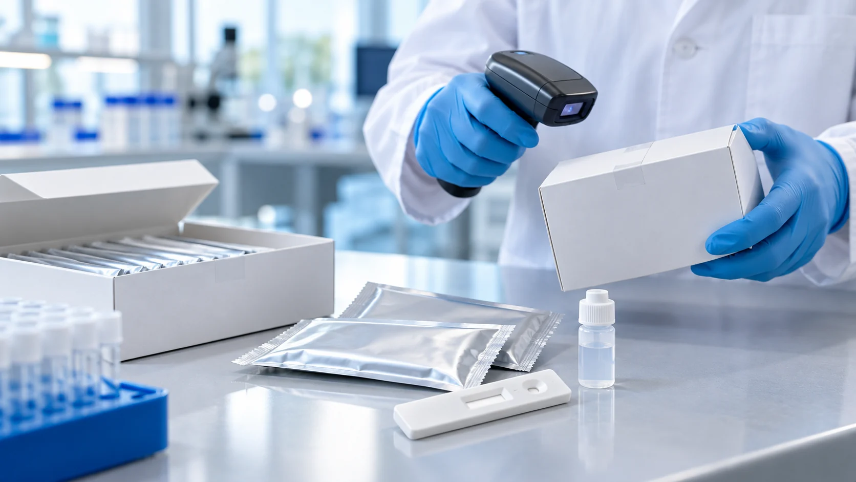 Conceptual illustration of diagnostic test kit packaging checked at a laboratory receiving station