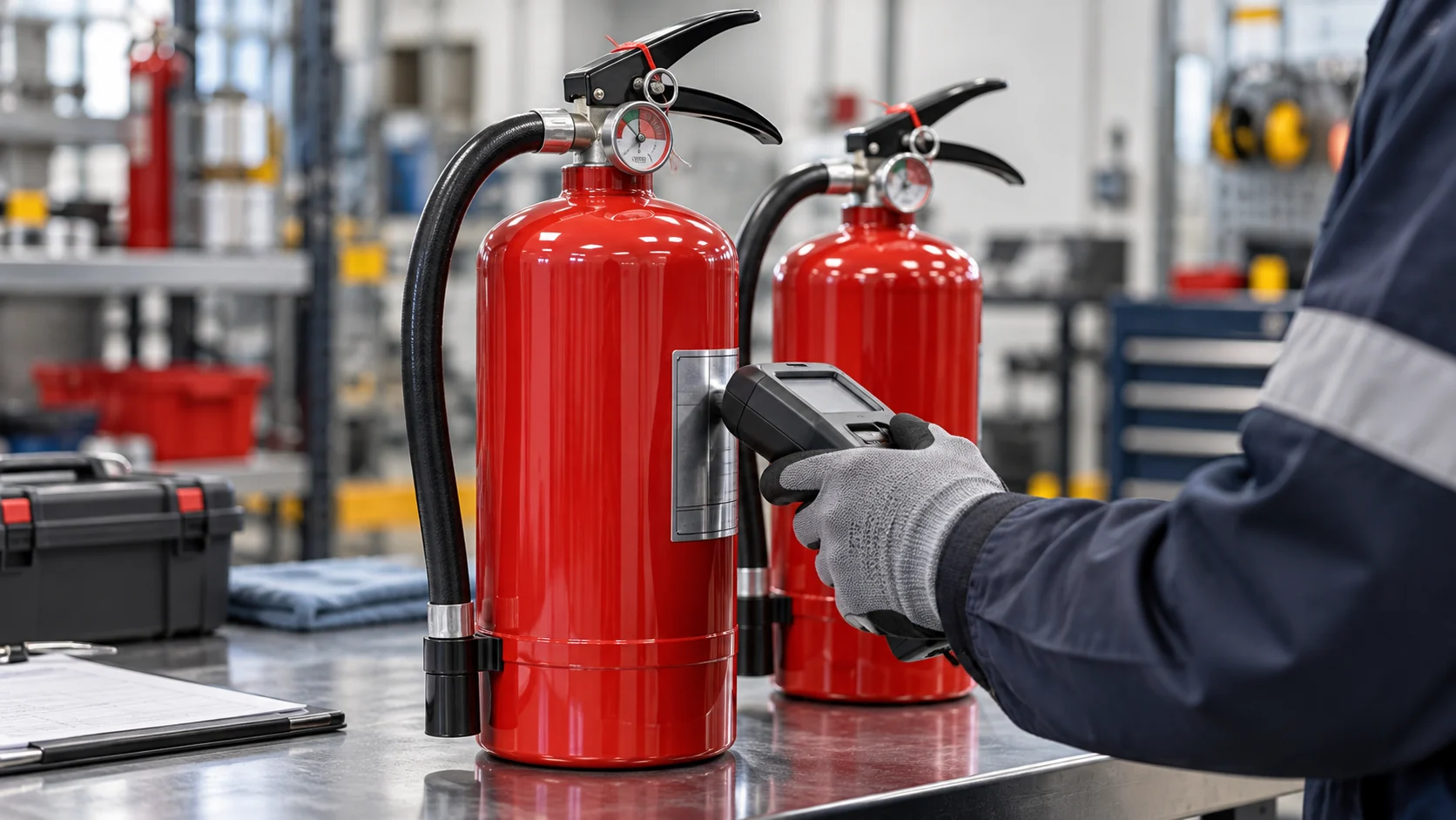 Conceptual illustration of fire extinguishers undergoing identification checks at a safety equipment workshop