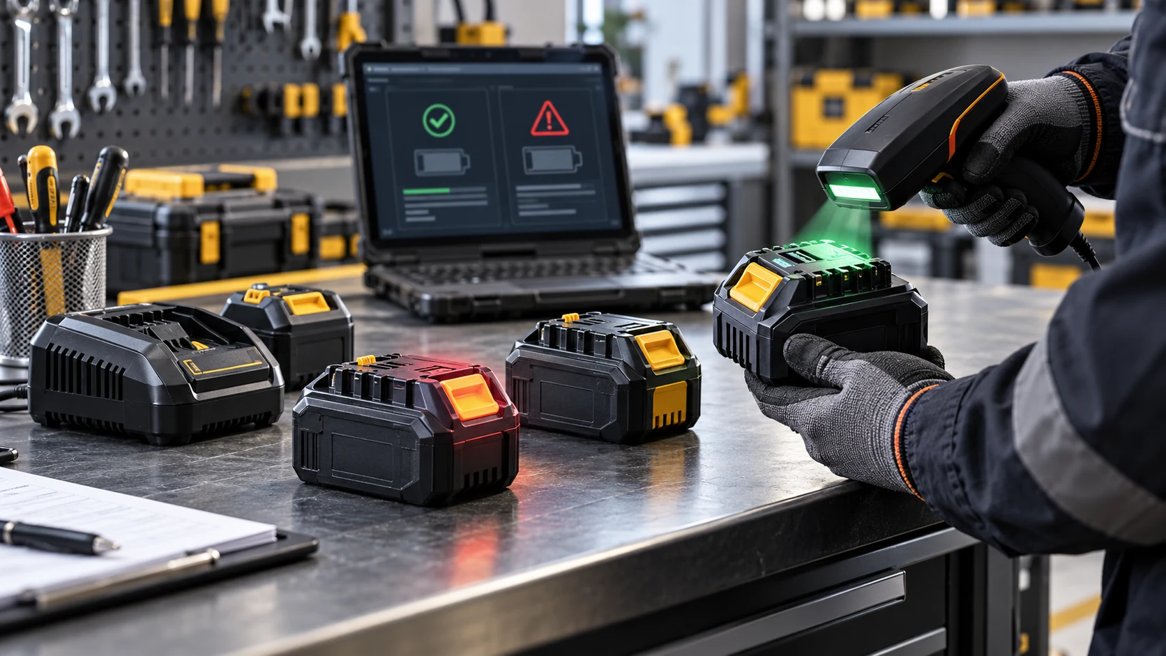 Cordless power tool battery packs undergoing authentication checks at a professional service bench