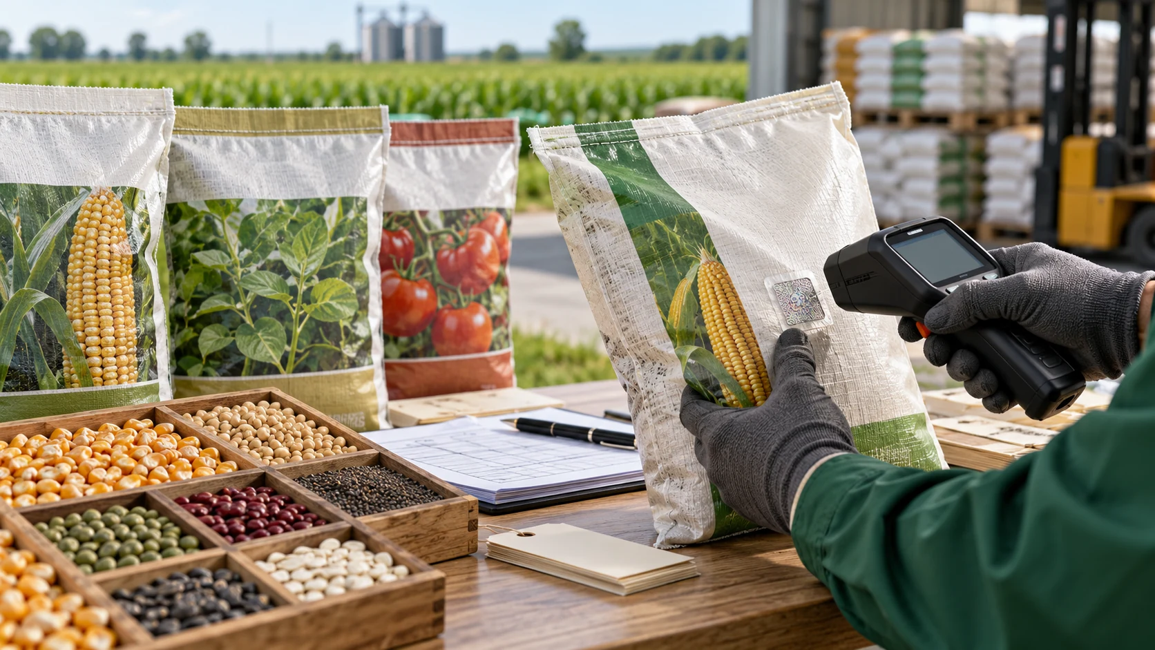 Seed bags and samples undergoing package authentication inspection at an agricultural supply facility