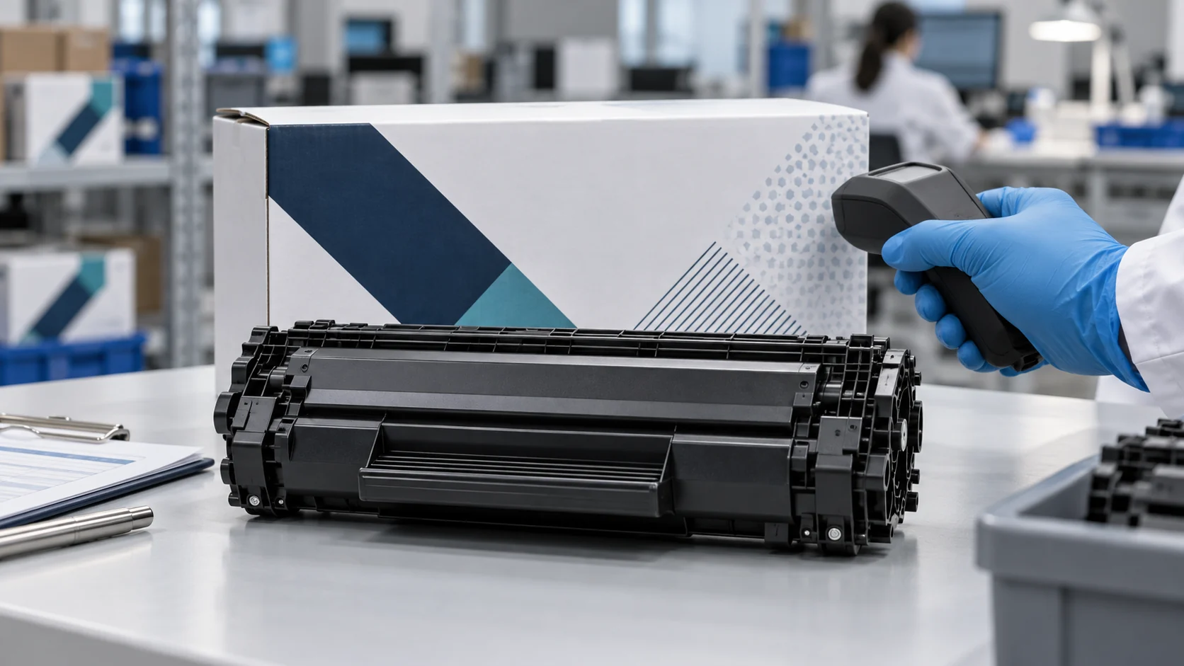 Conceptual illustration of a toner cartridge and packaging being inspected at a quality-control workstation
