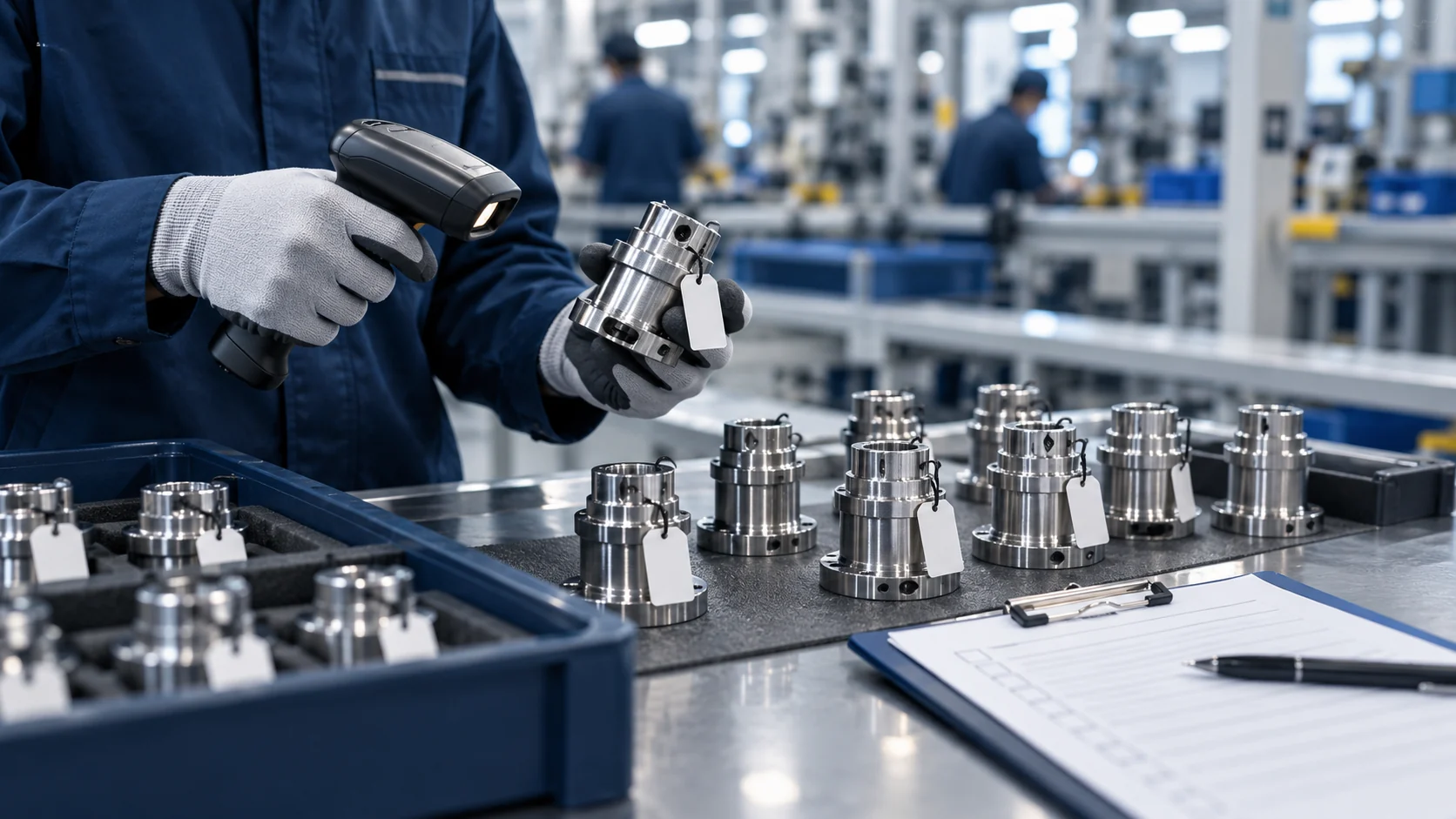 Conceptual illustration of an operator verifying individually identified metal parts on a production line